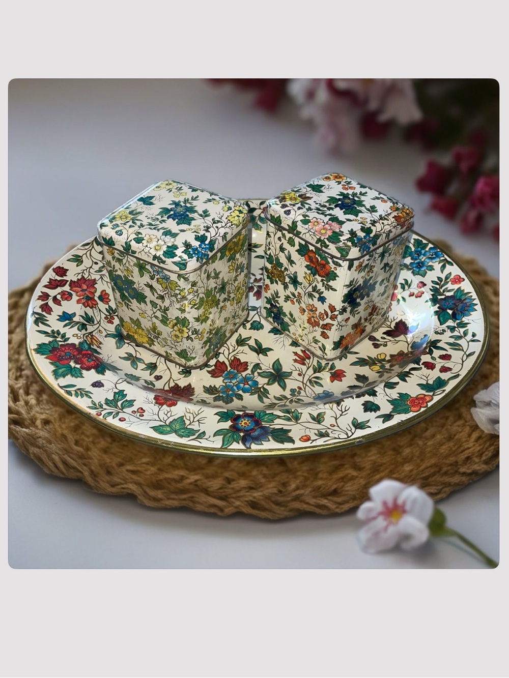 Vintage Daher England 1960-70’s Floral Tin Tray + 2 Tea Tins set